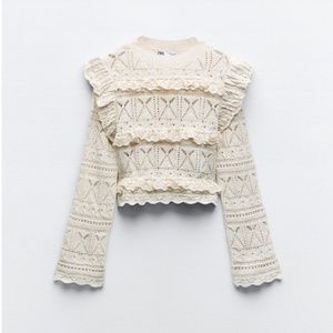NWT- Zara pointelle ruffled knit top in ecru